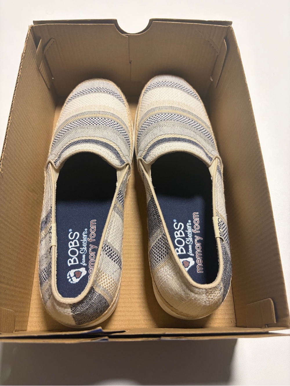BOBS Women's Slip-On Striped Canvas Sneakers in Navy and Cream